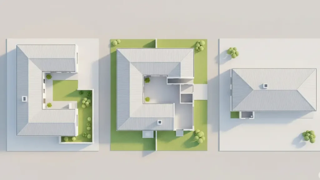 Imagem em formato paisagem com três modelos 3D minimalistas de ideias para planta de casa térrea. Os modelos, em formato L, U e retangular, ilustram layouts populares e seu potencial de integração com áreas externas, ajudando a inspirar o projeto ideal.