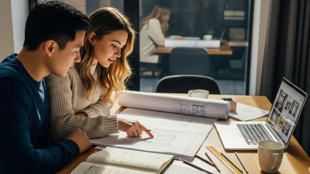 Imagem em formato paisagem de um casal analisando plantas e rascunhos para definir as ideias para planta de casa térrea. Eles estão em uma mesa com um notebook, demonstrando a fase inicial e crucial de planejamento colaborativo do futuro lar.