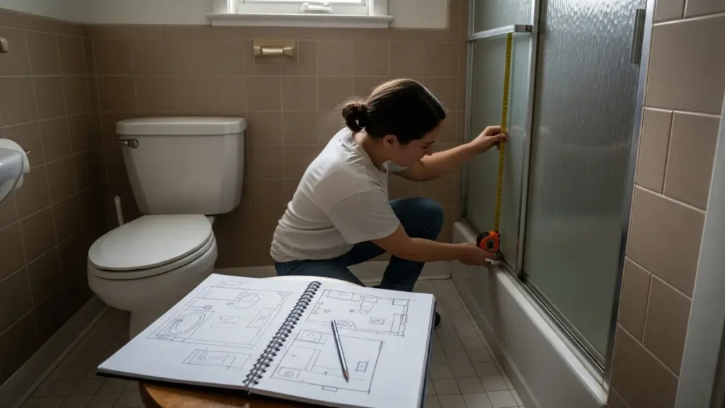 Ilustração do planejamento e medição em um projeto de banheiro pequeno, com uma pessoa usando uma trena e um caderno com esboços para iniciar a transformação do espaço.