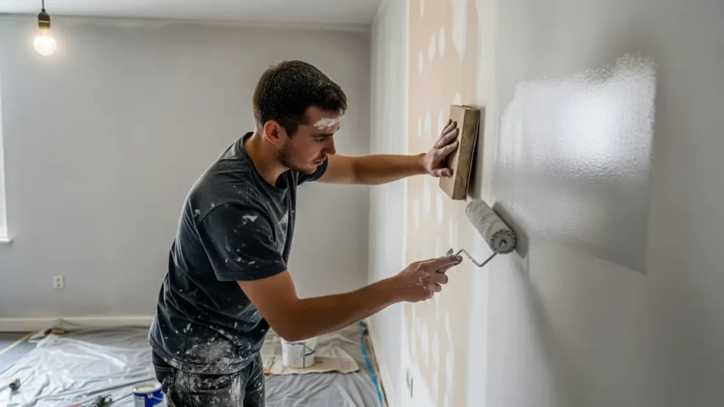 Uma pessoa lixando uma parede antes da pintura, demonstrando a importância da preparação para um resultado duradouro com a melhor tinta para parede interna.