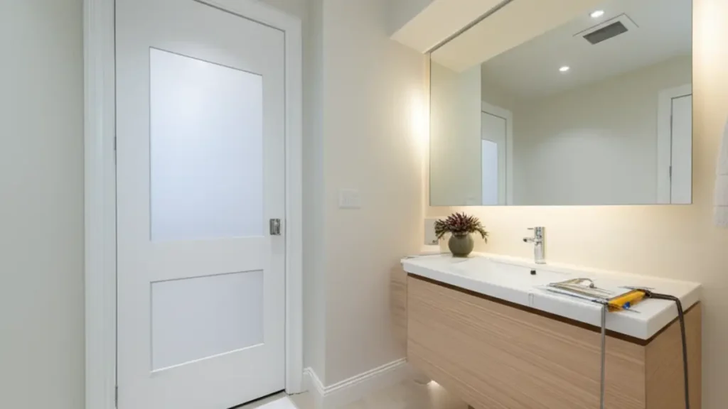 Banheiro pequeno em formato paisagem com revestimentos brancos e cinza claro, grande espelho sobre a pia, iluminação embutida e geral que ampliam visualmente o ambiente.