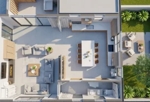 Renderização 3D em formato paisagem com ideias para planta de casa térrea. A imagem detalha uma planta baixa humanizada de uma casa funcional, destacando um layout de conceito aberto, iluminação natural abundante e o acesso a um pátio ajardinado, ideal para o convívio.