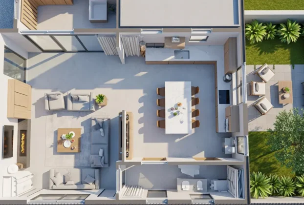 Renderização 3D em formato paisagem com ideias para planta de casa térrea. A imagem detalha uma planta baixa humanizada de uma casa funcional, destacando um layout de conceito aberto, iluminação natural abundante e o acesso a um pátio ajardinado, ideal para o convívio.