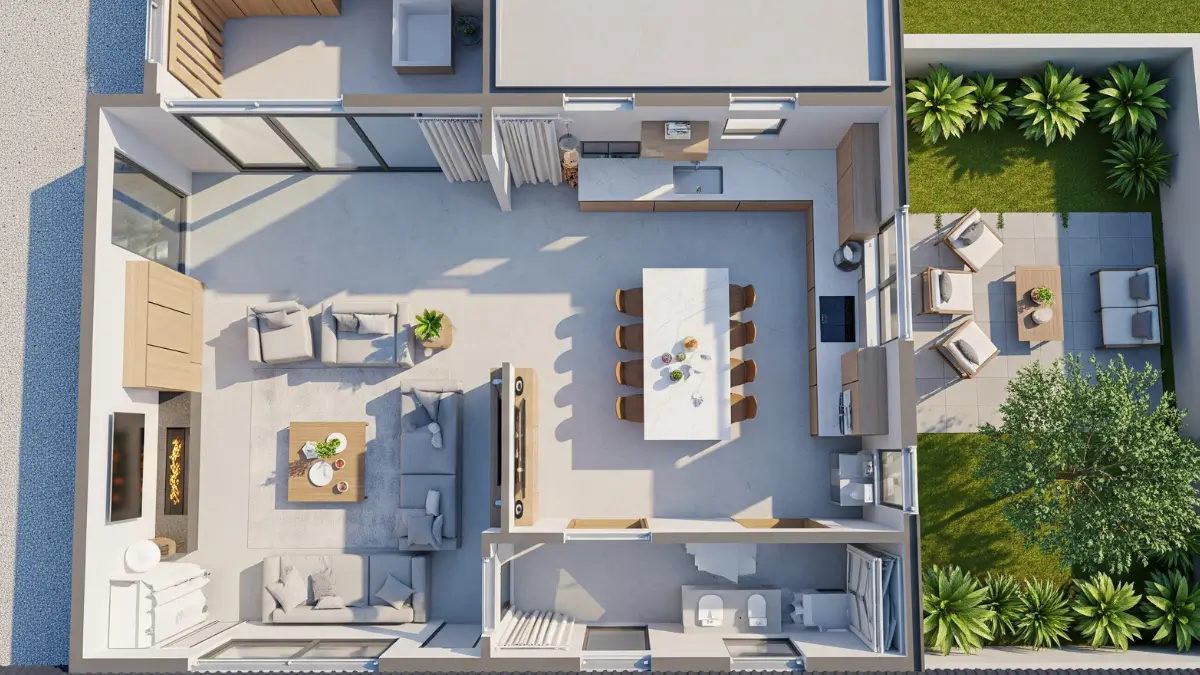 Renderização 3D em formato paisagem com ideias para planta de casa térrea. A imagem detalha uma planta baixa humanizada de uma casa funcional, destacando um layout de conceito aberto, iluminação natural abundante e o acesso a um pátio ajardinado, ideal para o convívio.